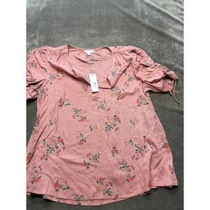 Lucky Brand Pink Floral Puff Sleeve Tie Blouse Top Women's Size L